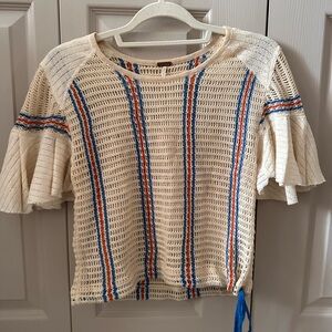 Free People Cream Crochet Top with Blue and Red Stripes